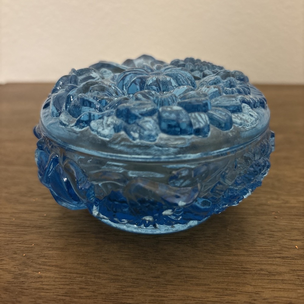 Fenton‎ Art Glass Blue Floral Powder Jar Trinket Box with Lid Vintage Marked